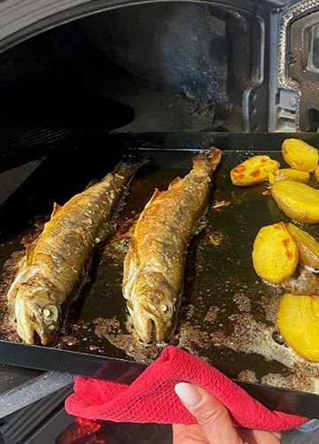 Saibling und Ofenkartoffeln frisch aus dem Tulikivi-Ofen